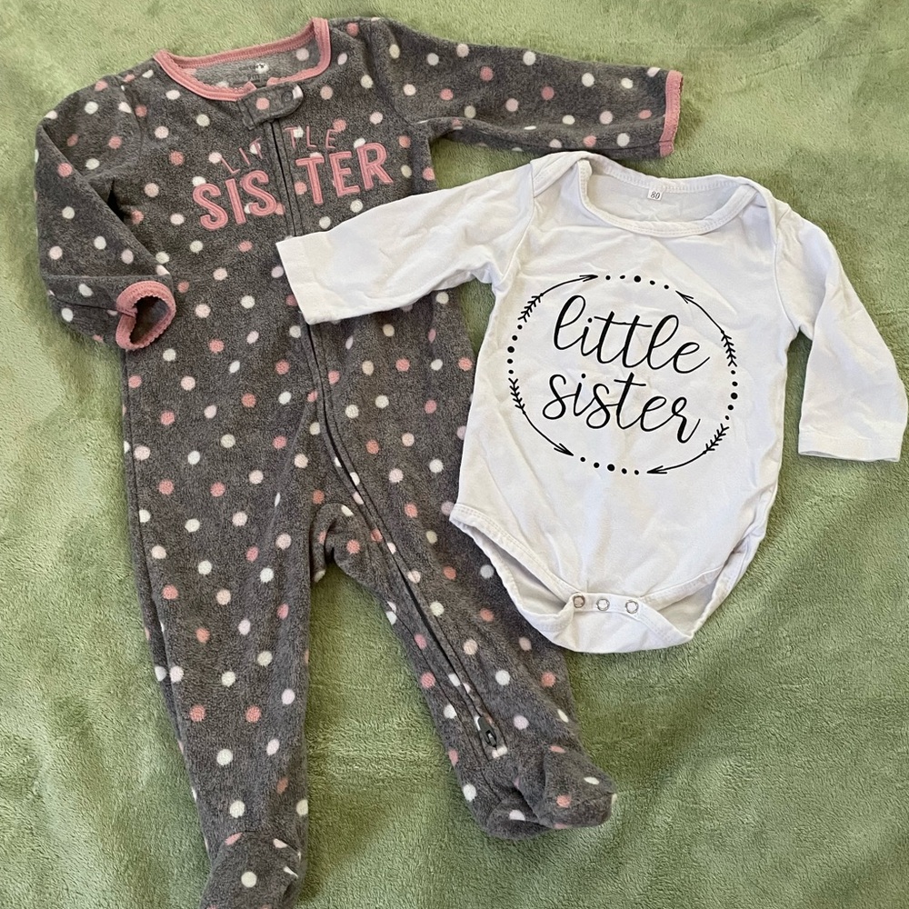 Carter's Gray/Pink Polka Dot and White Onesie Little Sister Outfits,‎ Size 9-12M